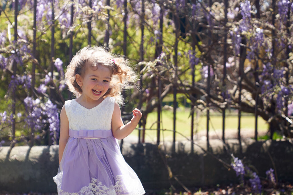 Little girl in purple dress wisteria bloom in parramatta park