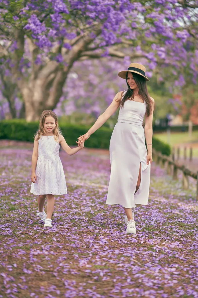 Mother and daughter walking holding hands